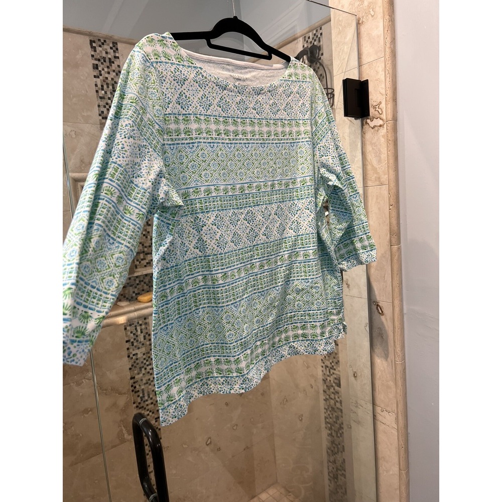 Talbots Woman seashell 3/4 Green White sleeves knit top 2X Summer Shirt Blouse